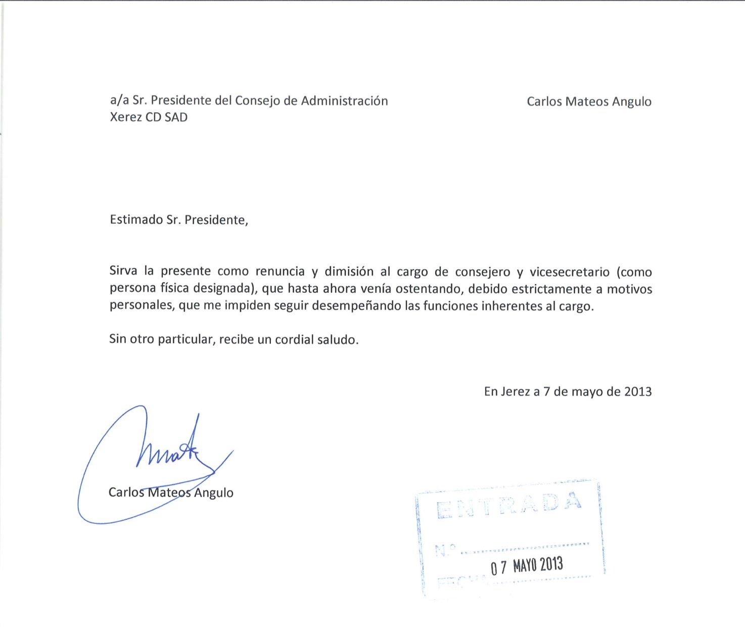 Carta de dimisión de López Ballesteros y Mateos angulo | Reporteros Jerez